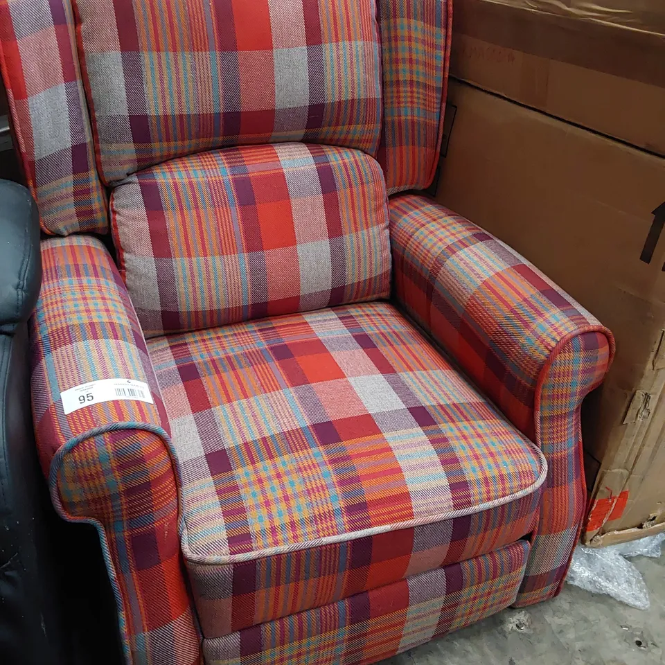 DESIGNER PUSH BACK RECLINING EASY CHAIR RED CHEQUE FABRIC
