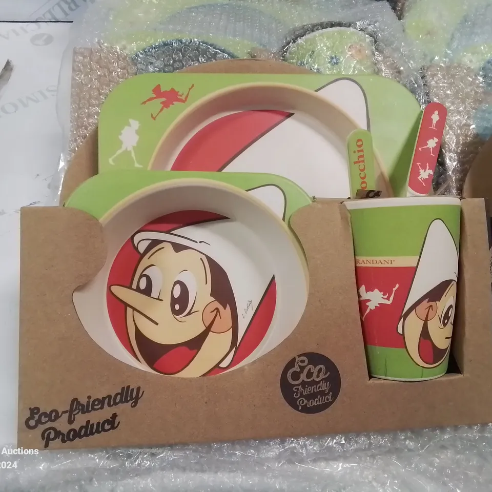 12 SETS OF CHILDREN'S ECO FRIENDLY PLATE, BOWL, CUP AND CUTLERY SETS.