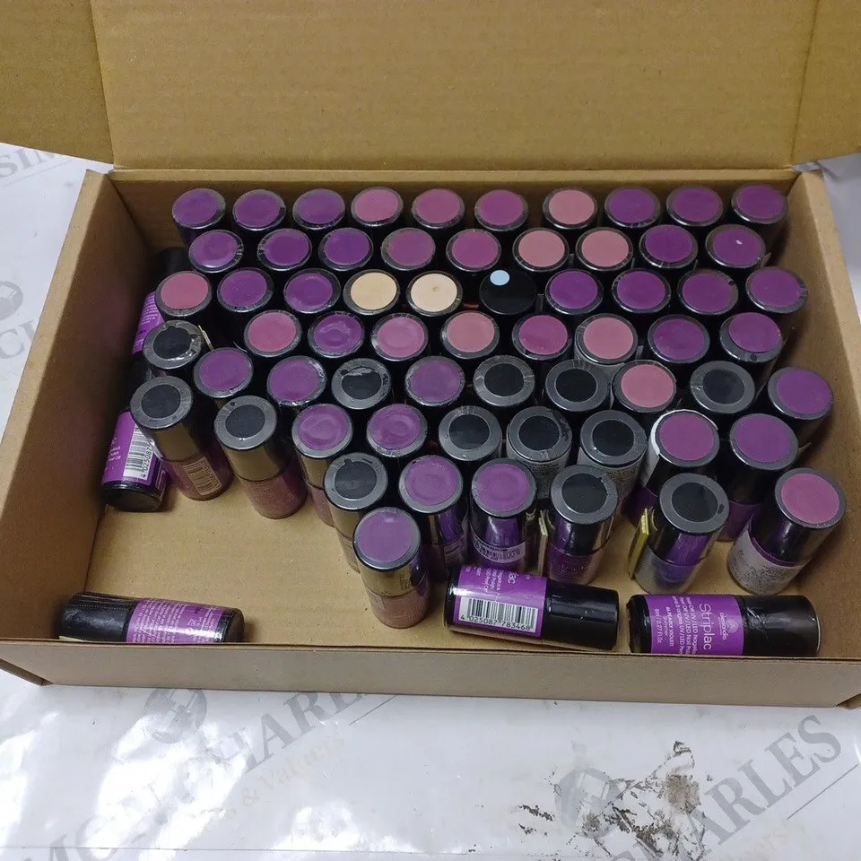 BOX OF APPROXIMATELY 75 X 8ML VIALS OF ALESSANDRO STRIPLAC NAIL POLISH IN PEARLY VIOLET