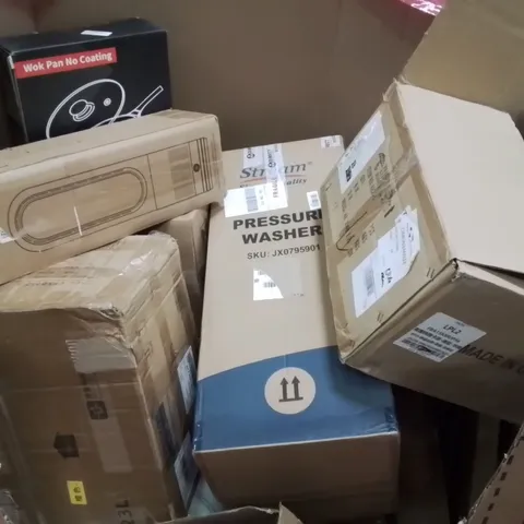 PALLET CONTAINING VARIOUS ASSORTED BOXED HOUSEHOLD ITEMS TO INCLUDE: PRESSURE WASHER, COOL FAN, WOK PAN SET, DECORATIVE CEILING LIGHT AND LOTS MORE UNMARKED BOXED ITEMS 