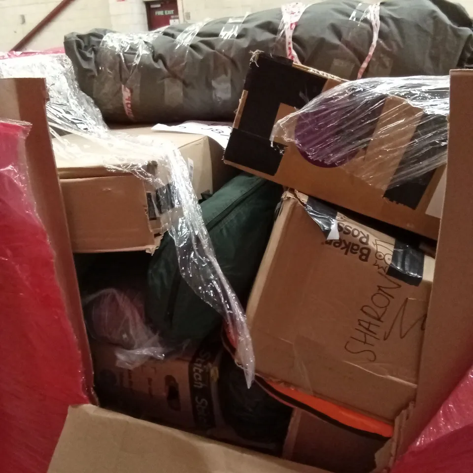 PALLET OF ASSORTED HOUSEHOLD GOODS & PRODUCTS TO INCLUDE; KIDS BICYCLE, POP-UP TENTS, BOXED FURNITURE ETC 