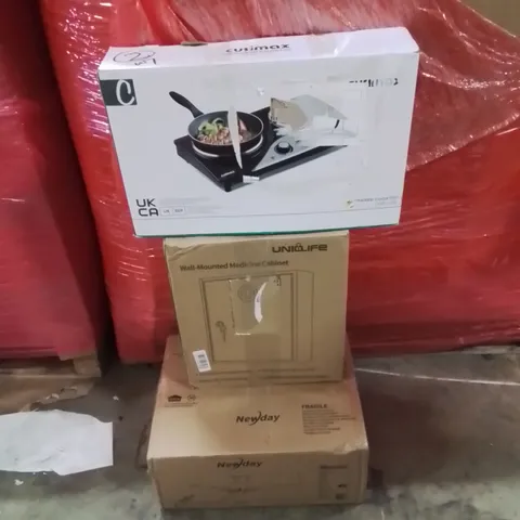 PALLET OF ASSORTED HOUSEHOLD GOODS AND PRODUCTS TO INCLUDE;MEDICINE CABINET,INFRARED COOKTOP,CEILING FAN