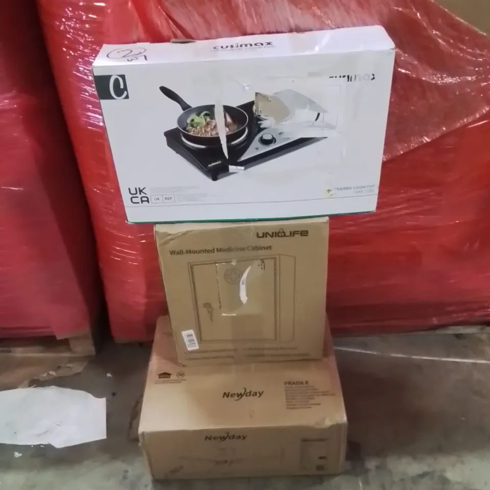 PALLET OF ASSORTED HOUSEHOLD GOODS AND PRODUCTS TO INCLUDE;MEDICINE CABINET,INFRARED COOKTOP,CEILING FAN