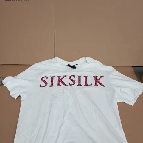 SIKSILK White T-Shirt with Red Rhinestone Logo - UK Size M
