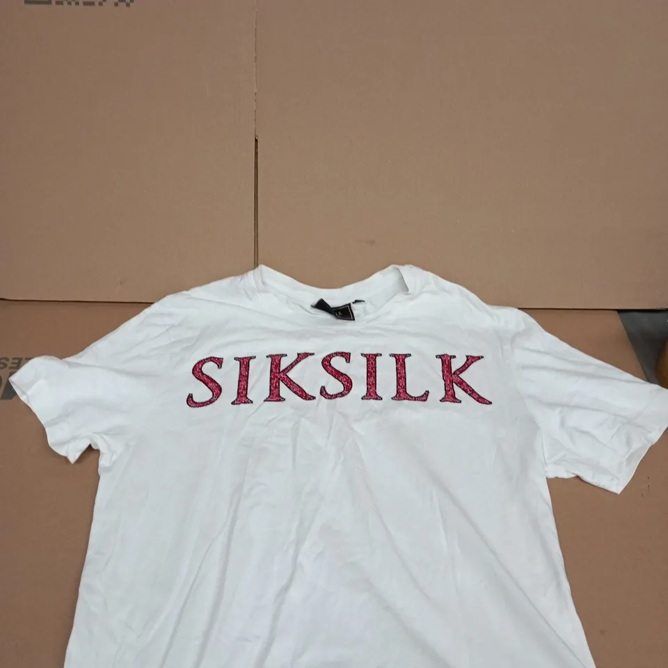 SIKSILK White T-Shirt with Red Rhinestone Logo - UK Size M
