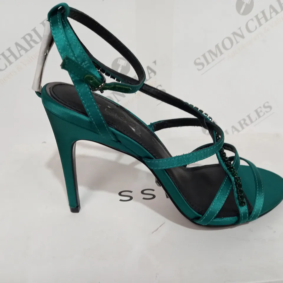 BOXED REISS DANA JEWELLED STRAP EMERALD HEELS - SIZE 4