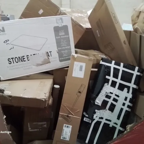 PALLET CONTAINING MIXED BOXED HOUSEHOLD ITEMS TO INCLUDE: UPRIGHT VACUUM,  STONE BATH MAT,  AND LOTS MORE UNMARKED BOXED ITEMS 