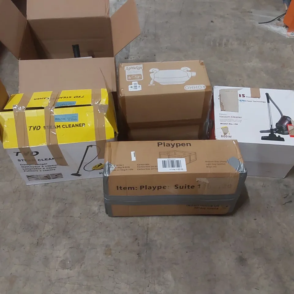 PALLET OF ASSORTED ITEMS INCLUDING: STEAM CLEANER, PLAYPEN, VACUUM CLEANER, KIDS BOOSTER SEAT ECT