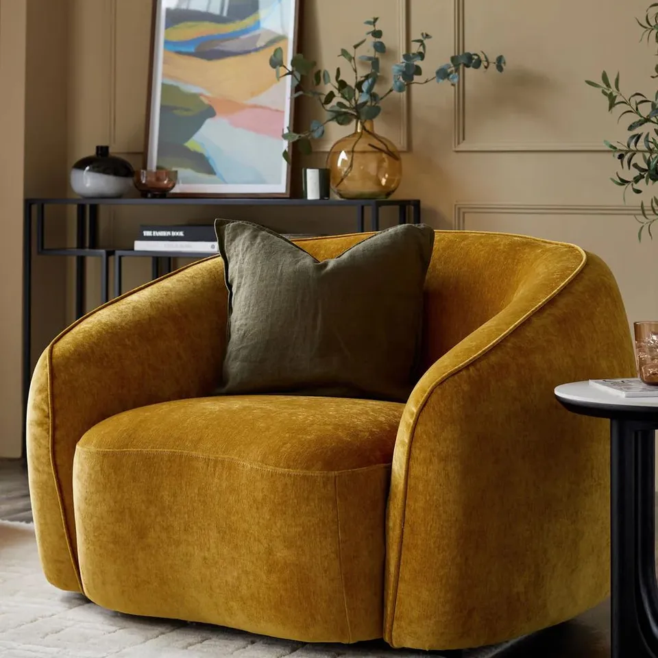 BOXED DANETTI ZOEY OCHRE FABRIC ARMCHAIR