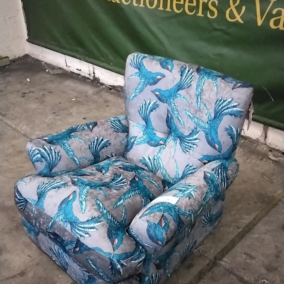 QUALITY BRITISH DESIGNER LOUNGE CO ARMCHAIR PARADISE BIRD GREY FABRIC 