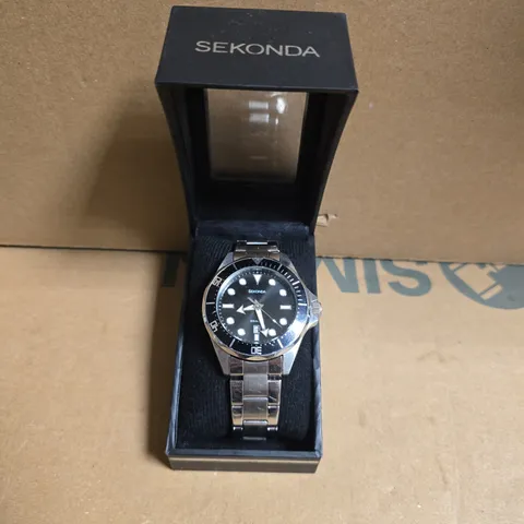 BOXED SEKONDA GENTS SILVER-TONE STAINLESS STEEL 43MM DIVERS WATCH 30095
