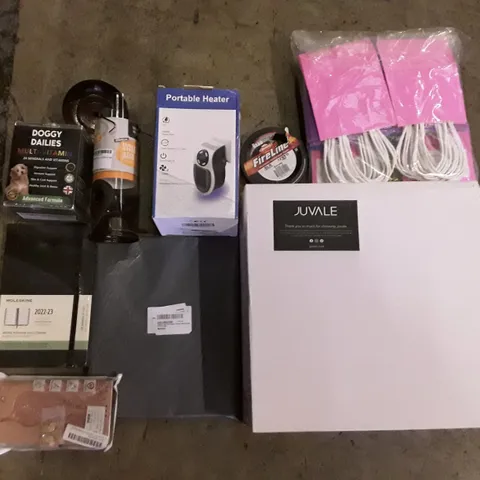 PALLET OF 6 BOXES CONTAINING ASSORTED PRODUCTS INCLUDING PORTABLE HEATER, MOLESKINE 2022-23 PLANNER, DOGGY MULTI-VITAMIN, BIRD FEEDER, GIFT BAGS, CLEAR GLASS CANDLE HOLDERS