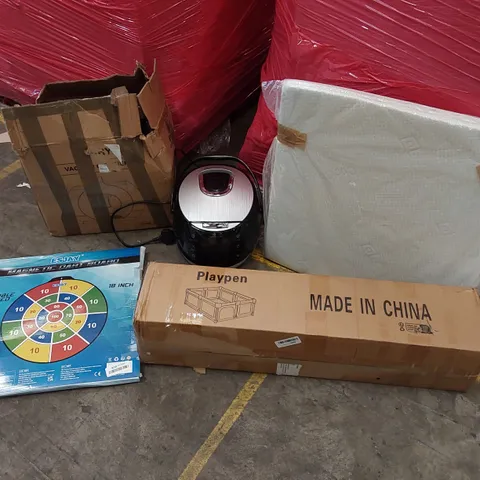 PALLET OF ASSORTED CONSUMER PRODUCTS TO INCLUDE; ELECTRIC RICE COOKER, VACUUM CLEANER, PLAYPEN, DART BOARD, PILLOW ECT