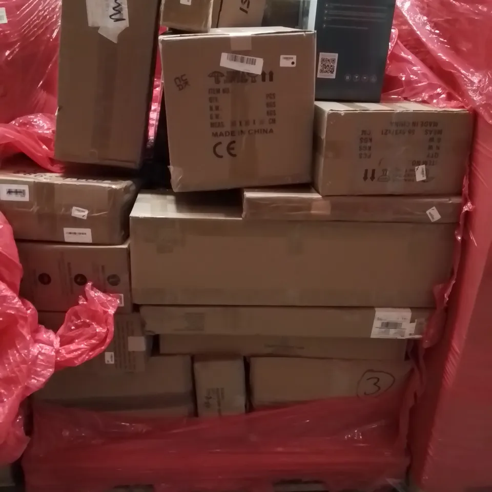 PALLET CONTAINING VARIOUS ASSORTED BOXED HOUSEHOLD ITEMS TO INCLUDE: FOOT SPA, 27" MP275 PC MONITOR, PET PLAYPEN, AND LOTS MORE UNMARKED BOXED ITEMS 