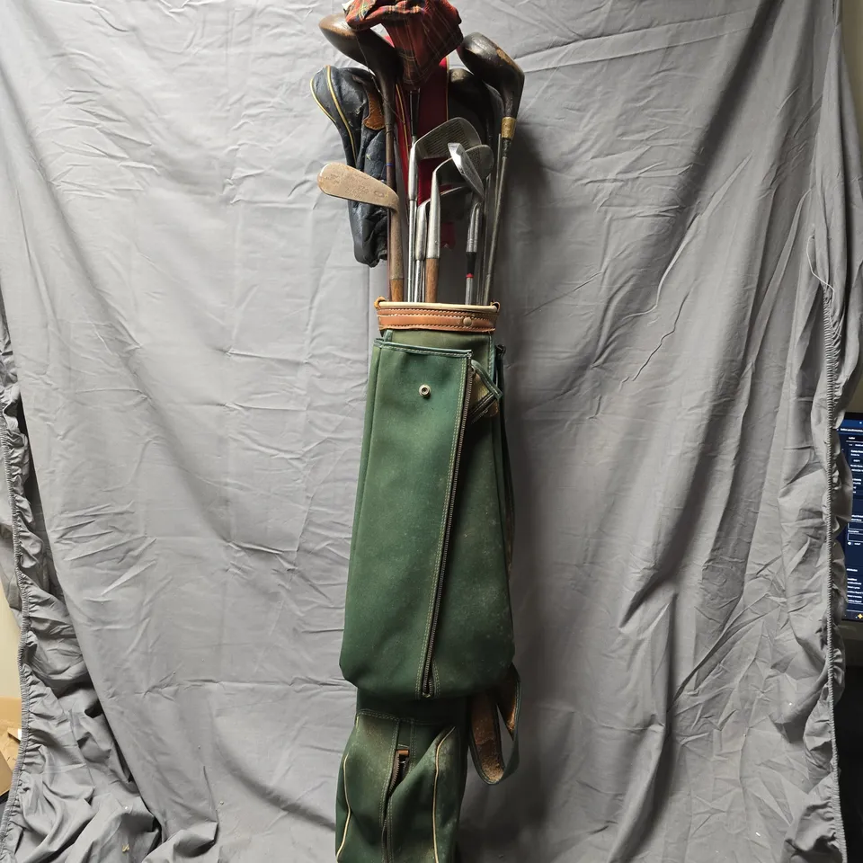 DESERT CLASSIC GOLF BAG WITH CLUBS – GREEN CANVAS WITH LEATHER TRIM