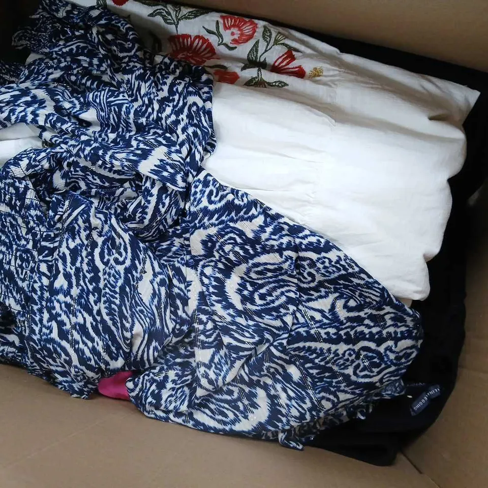 APPROXIMATELY 20 ASSORTED CLOTHING ITEMS IN VARIOUS SIZES, COLOURS & STYLES TO INCLUDE TOPS, DRESSES, ETC