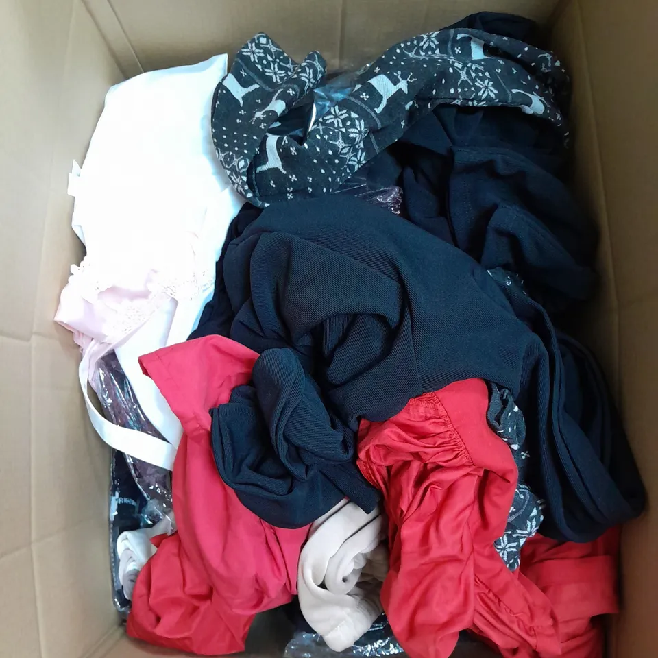 LARGE BOX OF ASSORTED CLOTHING ITEMS IN VARIOUS COLOURS AND SIZES INCLUDING TROUSERS , TOPS AND JUMPERS 