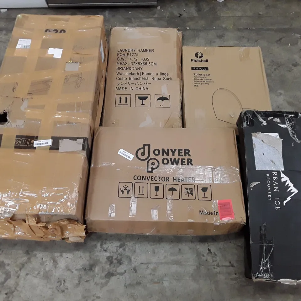 PALLET OF ASSORTED PRODUCTS INCLUDING CONVECTOR HEATER, TOILET SEAT, PORTABLE ICE TUB, LAUNDRY HAMPER, TROLLEY, CLOTHES RAIL