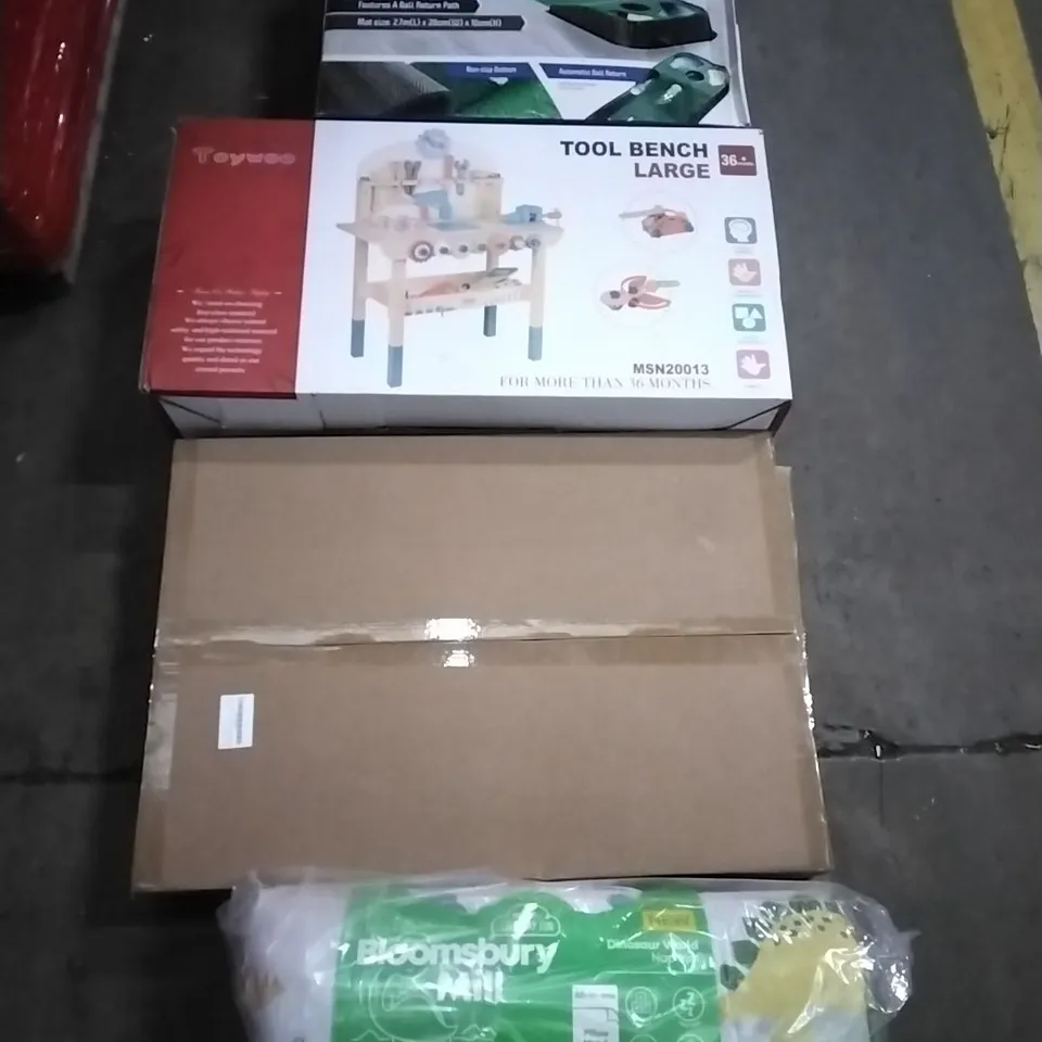 PALLET OF HOUSEHOLD ITEMS TO INCLUDE DINOSAUR WORLD NAP MAT, PICTURE FRAMES, TOOL BENCH TOY,GOLF PUTTING MAT AND OTHER ASSORTED ITEMS...