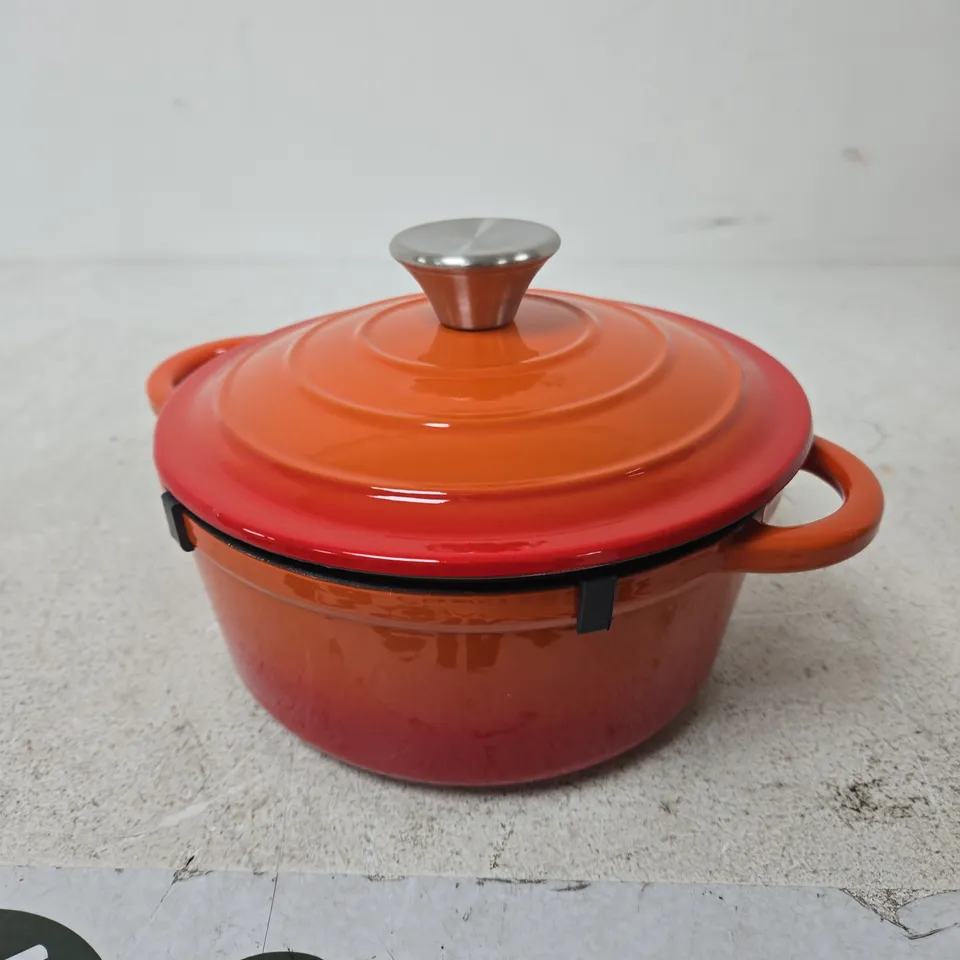 ORANGE ENAMELLED CAST-IRON CASSEROLE POT WITH LID