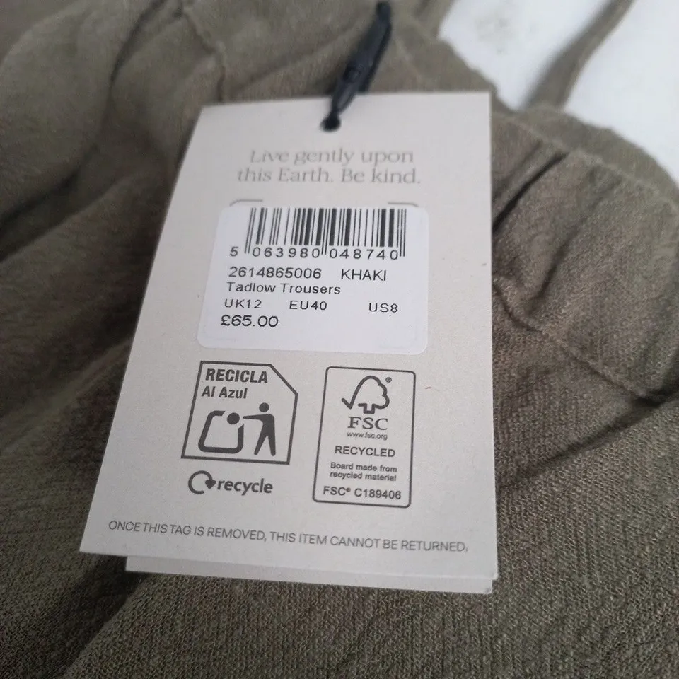 NOBODY'S CHILD TADLOW TROUSERS – KHAKI, UK 12 (EU40, US8) NEW WITH TAGS