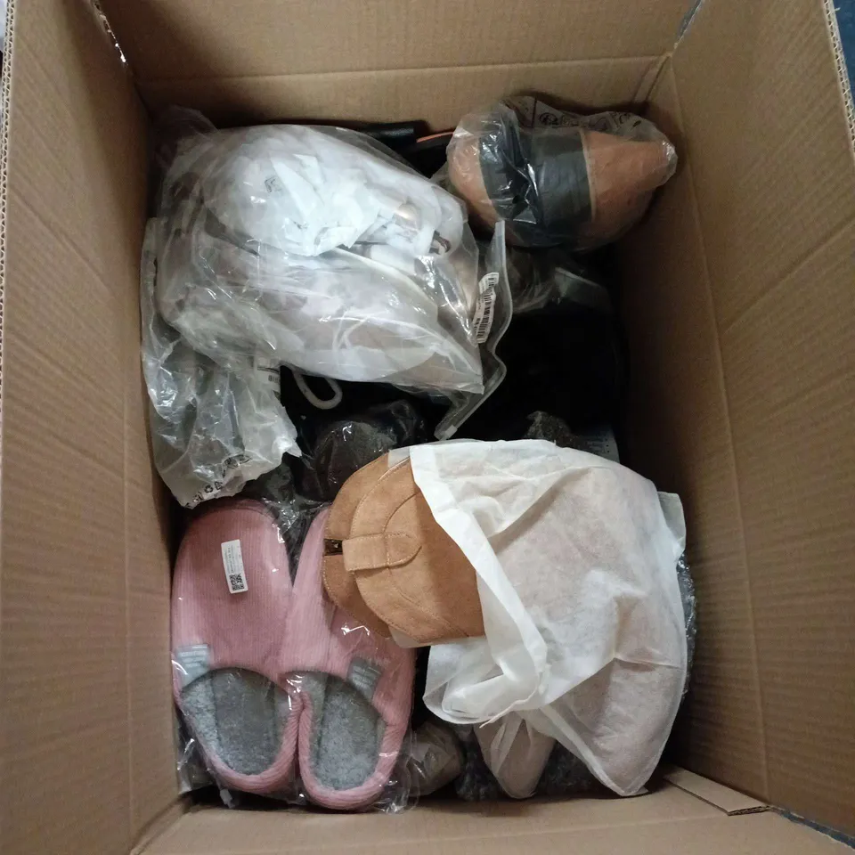 BOX OF APPROXIMATELY 15 ASSORTED PAIRS OF SHOES & FOOTWEAR ITEMS IN VARIOUS STYLES, SIZES AND COLOURS - COLLECTION ONLY