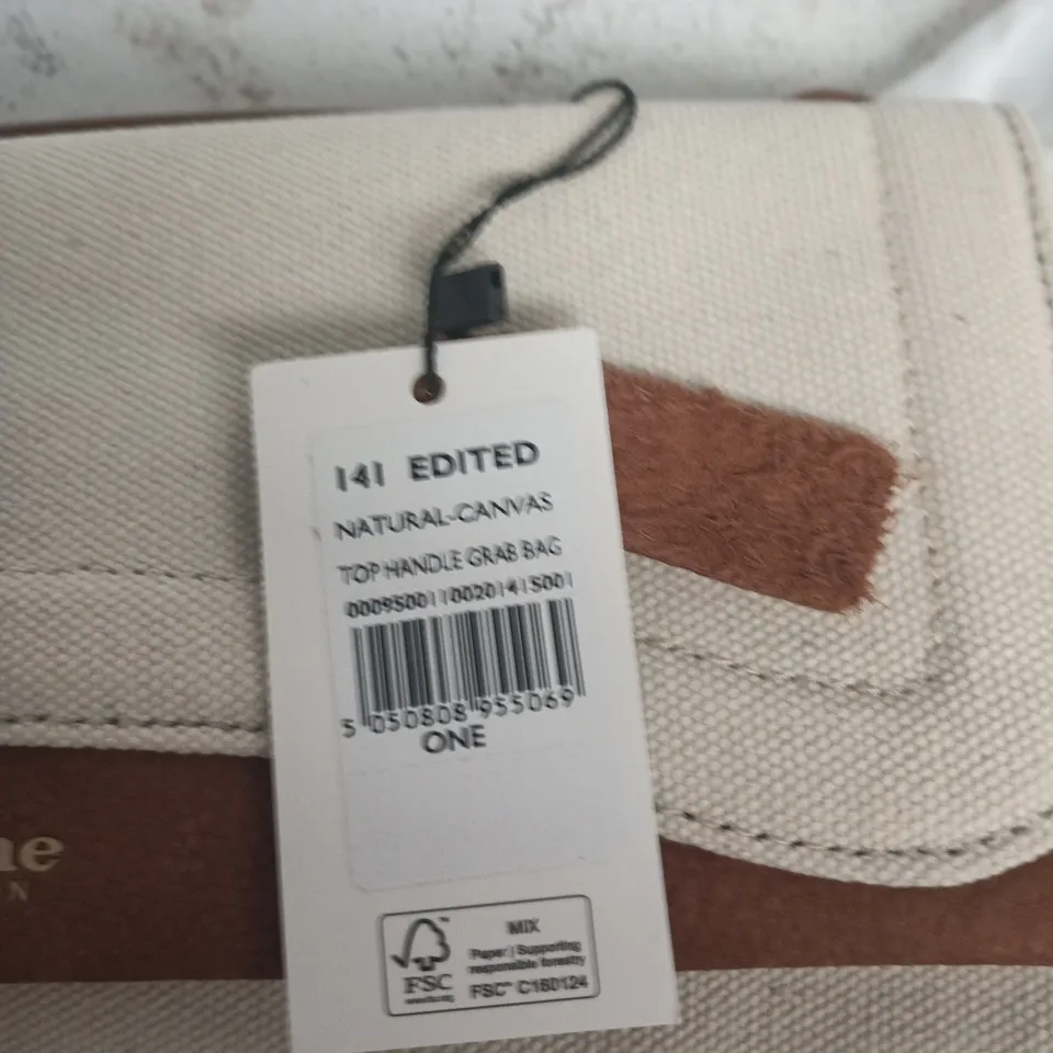 DUNE LONDON NATURAL CANVAS TOP-HANDLE GRAB BAG – BROWN LEATHER TRIM