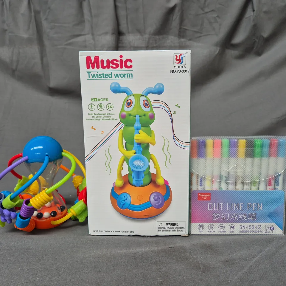 BOX OF APPROXIMATELY 20 ASSORTED TOYS AND GAMES TO INCLUDE MUSIC TWISTED WORM, OUT LINE PEN, ETC - COLLECTION ONLY