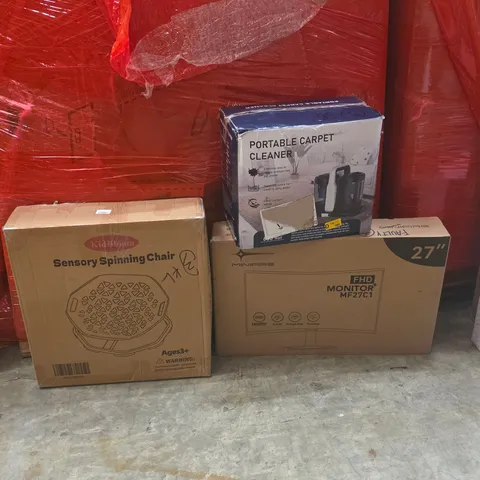 PALLET OF ASSORTED HOUSEHOLD GOODS AND PRODUCTS TO INCLUDE;SPINNING CHAIR,MONITOR,CARPET CLEANER