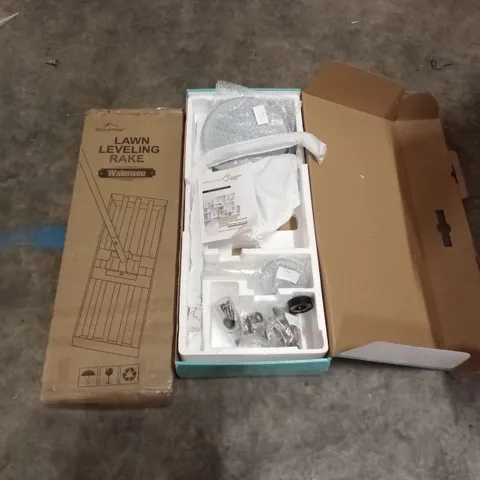 PALLET OF ASSORTED HOUSEHOLD GOODS AND PRODUCTS TO INCLUDE; LAWN LEVELING RAKE, SHOWER HEAD, BOXED FURNITURE ETC 