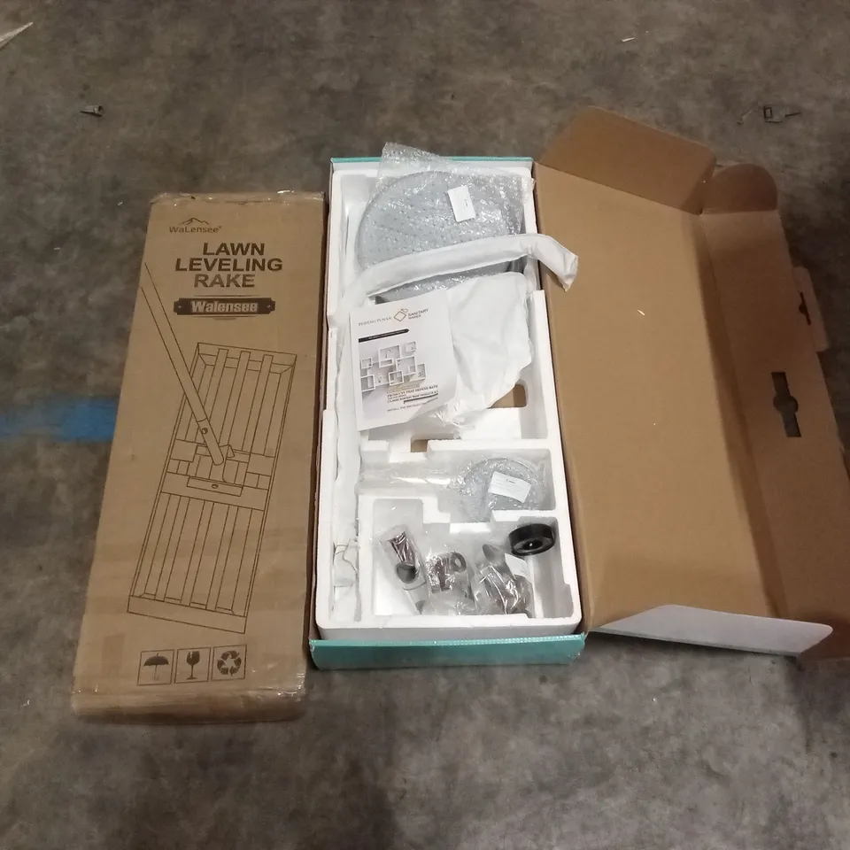 PALLET OF ASSORTED HOUSEHOLD GOODS AND PRODUCTS TO INCLUDE; LAWN LEVELING RAKE, SHOWER HEAD, BOXED FURNITURE ETC 
