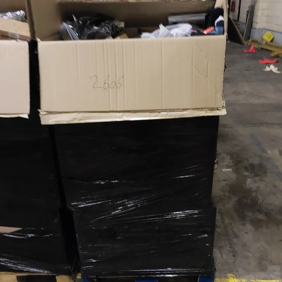 PALLET TO CONTAIN ASSORTED HOUSEHOLD ITEMS AND CONSUMER PRODUCTS. INCLUDING CLOTHES, BOOKS, DECORATIVE ITEMS ETC