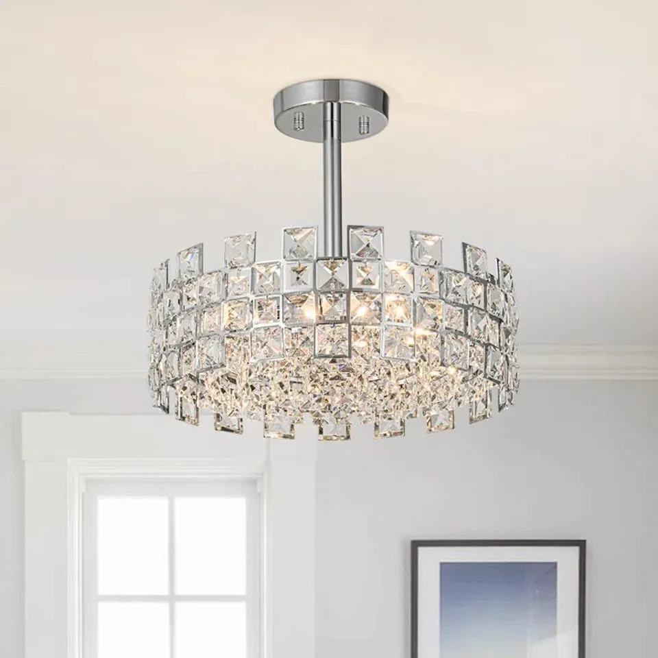 BOXED CRYSTAL SEMI FLUSH MOUNT CEILING LIGHT WITH METAL ACCENTS