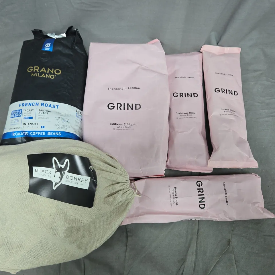 LOT OF 6 ASSORTED PACKS OF COFFEE TO INCLUDE GRAND MILANO, GRIND AND BLACK DONKEY - VARIOUS SIZES