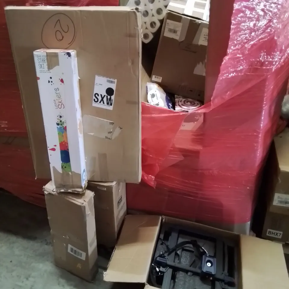 PALLET OF VARIOUS ASSORTED BOXED HOUSEHOLD ITEMS TO INCLUDE. ANYCUBIC KOBRA 2 NEO 3D PRINTERS, KIDS SKI'S,  BABY GATE ETC. 