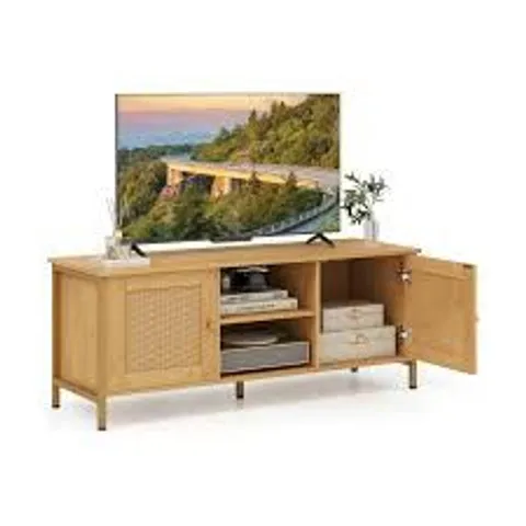 BOXED COSTWAY BOHO TV STAND MEDIA CONSOLE TABLE WITH 2 CABINETS AND OPEN SHELF - OAK