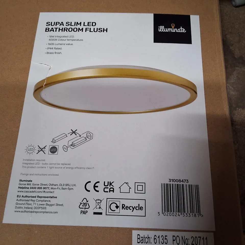 BOXED ILLUMINATE SUPA SLIM LED BATHROOM FLUSH CEILING LIGHT – BRASS FINISH