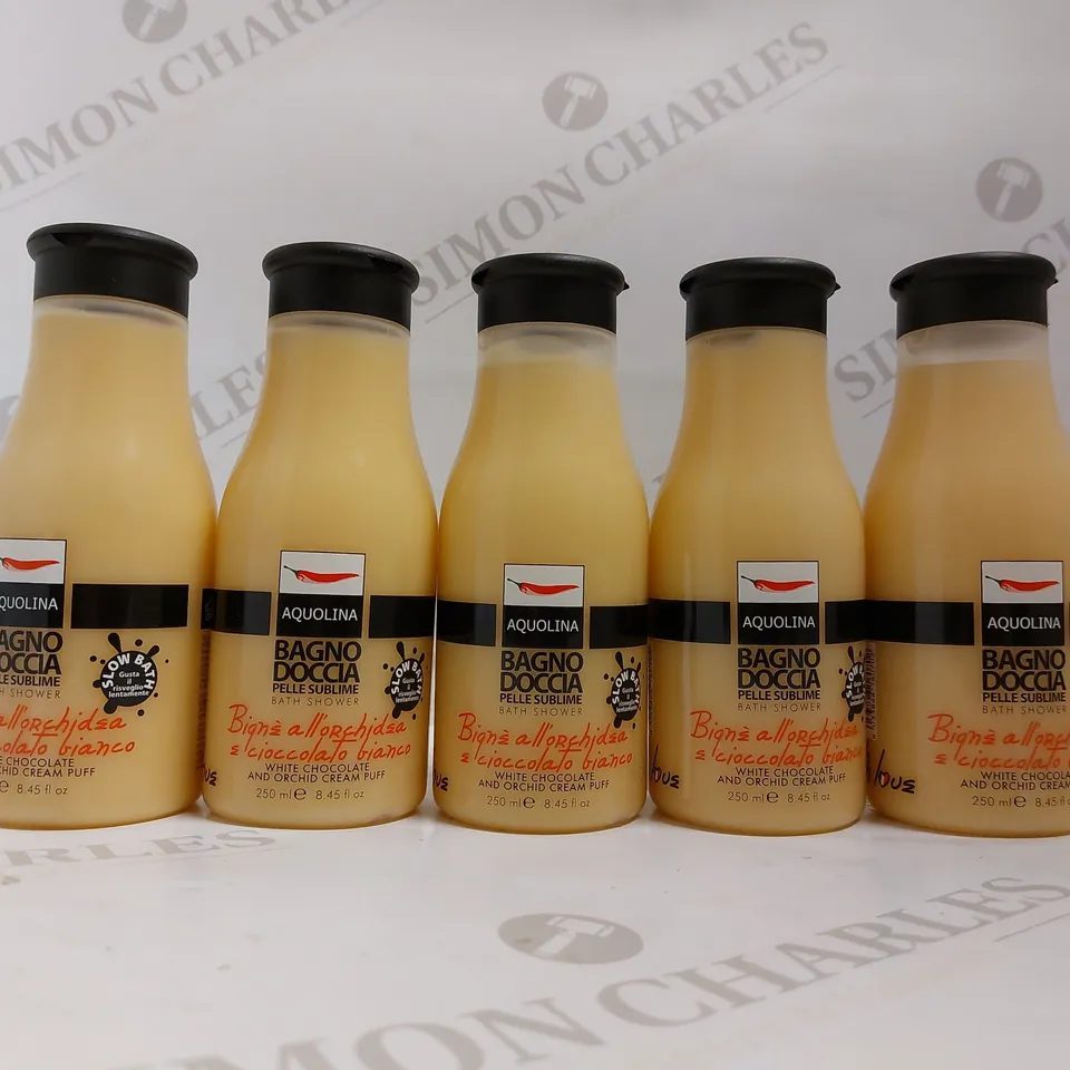 BOX OF 5 AQUOLINA BAGNO DOCCIA WHITE CHOCOLATE & ORCHID CREAM PUFF SHOWER/BATH CREAM - 250ML