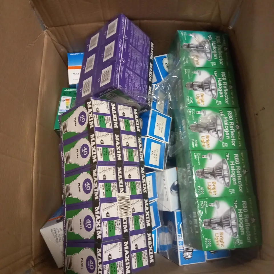 ONE BOX TO CONTAIN A LARGE QUANTITY OF APPROXIMATELY 150 LIGHTS BULBS, SPECIFICATIONS AND BRANDS MAY VARY 