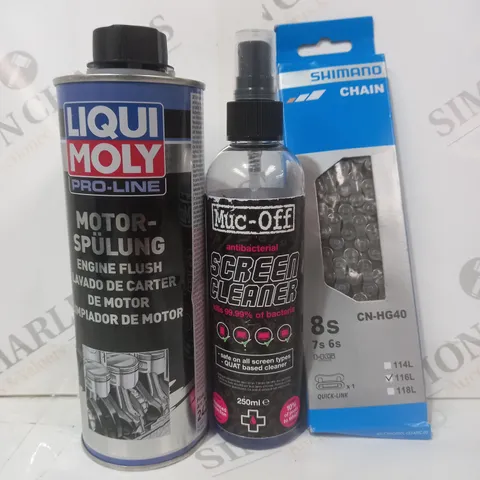 BOX OF APPROXIMATELY 20 ASSORTED VEHICLE PARTS AND ACCESSORY ITEMS TO INCLUDE SHIMANO CN-HG40 116L CHAIN, MUC-OFF SCREEN CLEANER, LIQUID MOLY ENGINE FLUSH, ETC