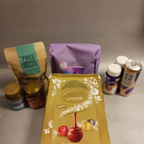 APPROXIMATELY 10 ASSORTED FOOD/DRINK PRODUCTS TO INCLUDE DA-SH WATER, LINDOR EGG, FULL POWER CACAO ETC 