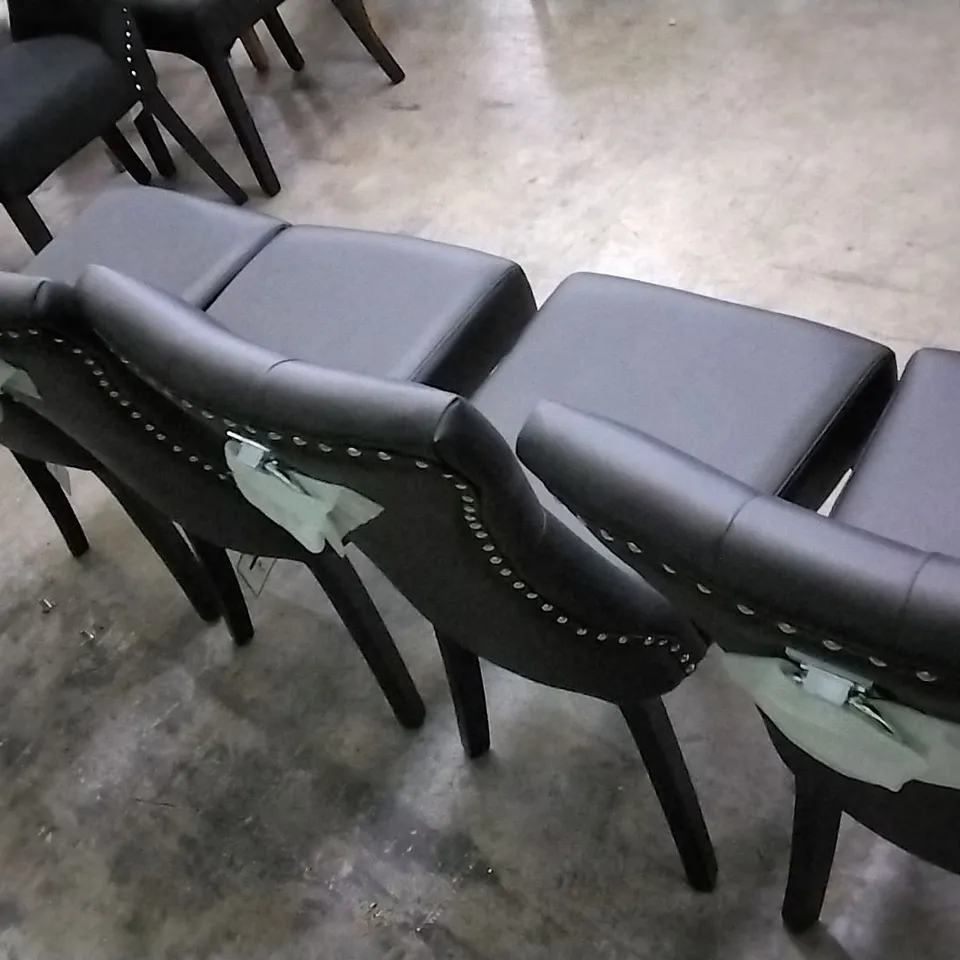 SET OF 4 BLACK LEATHER BUTTONBACK STUDDED DINING CHAIRS WITH KNOCKER BACKS AND BLACK WOODEN LEGS