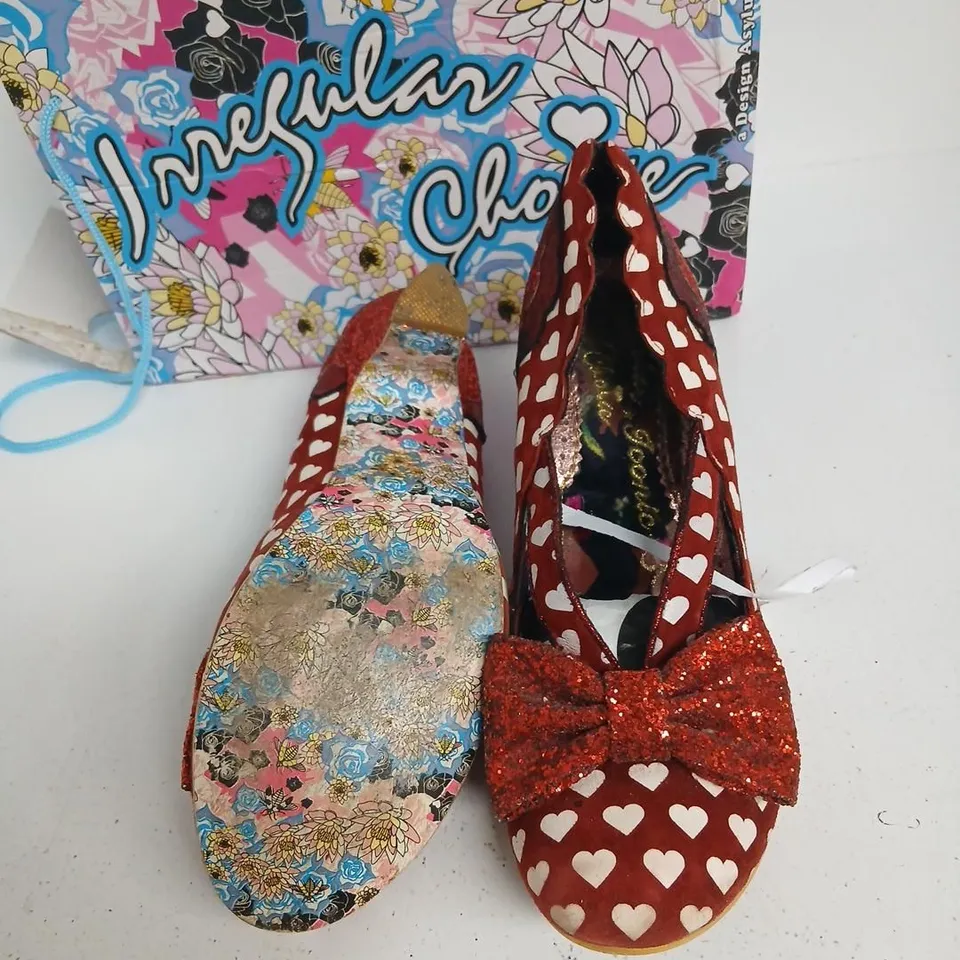 IRREGULAR CHOICE WOMEN'S RED HEART PATTERN HEELS WITH GLITTER BOW – STAGE LEFT SIZE 42