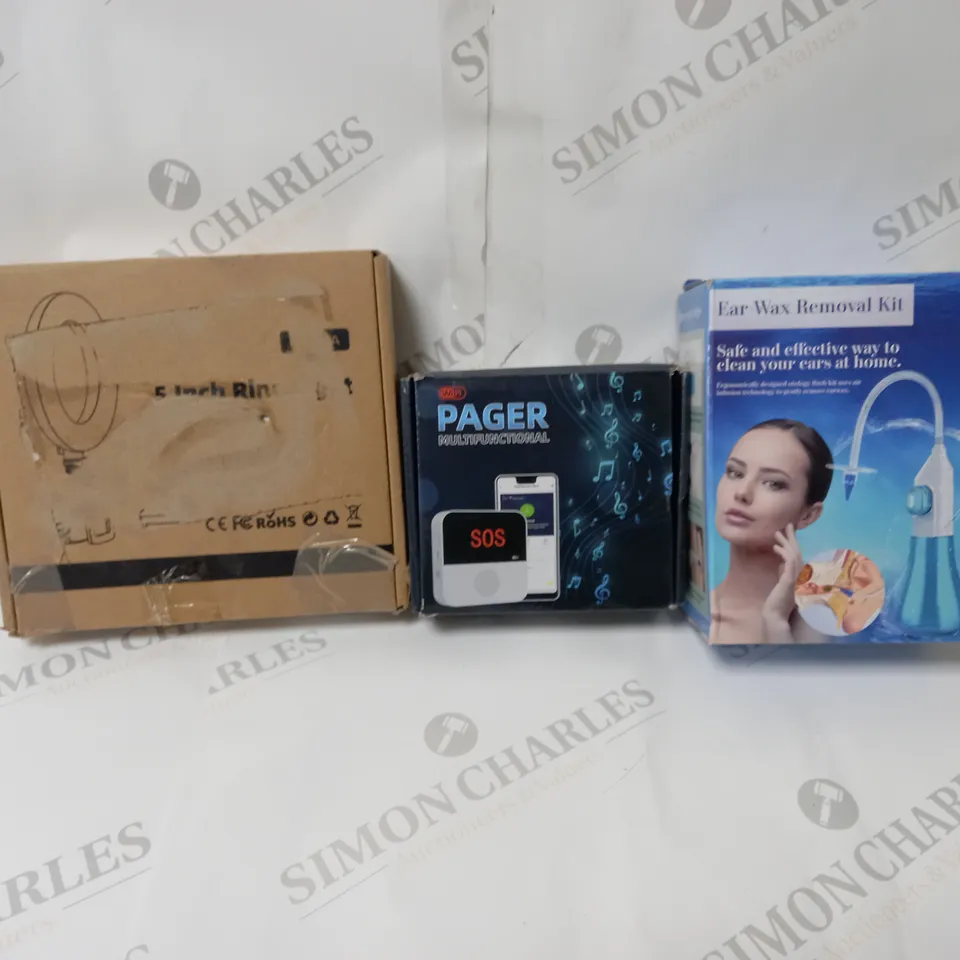 APPROXIMATELY 10 ASSORTED ITEMS TO INCLUDE RING LIGHT, WIFI PAGER, EAR WAX REMOVAL KIT ETC.