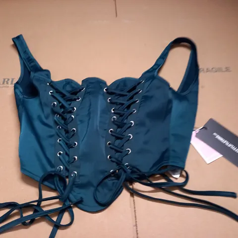 PRETTYLITTLETHING EMERALD GREEN SATIN LACE UP FRONT DETAIL SLEEVELESS CORSET - UK 12