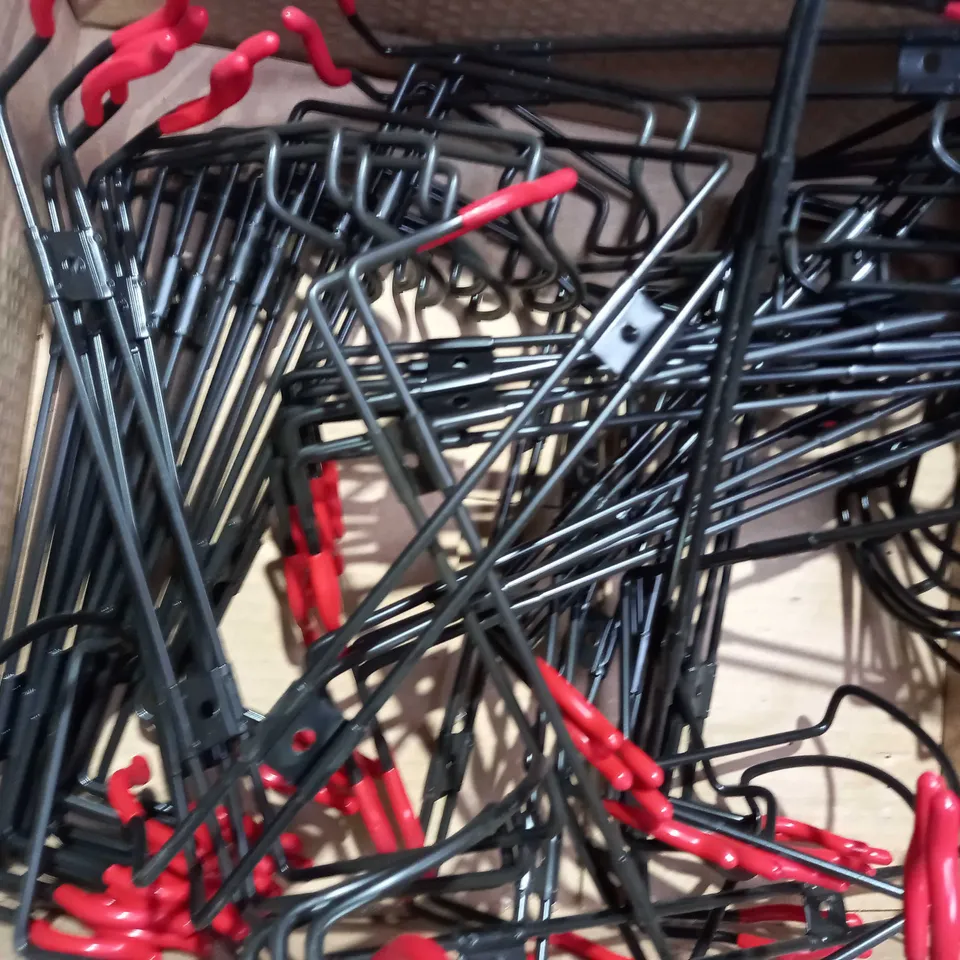 BOX OF APPROXIMATELY 30 LABORATORY STANDS IN BLACK/RED