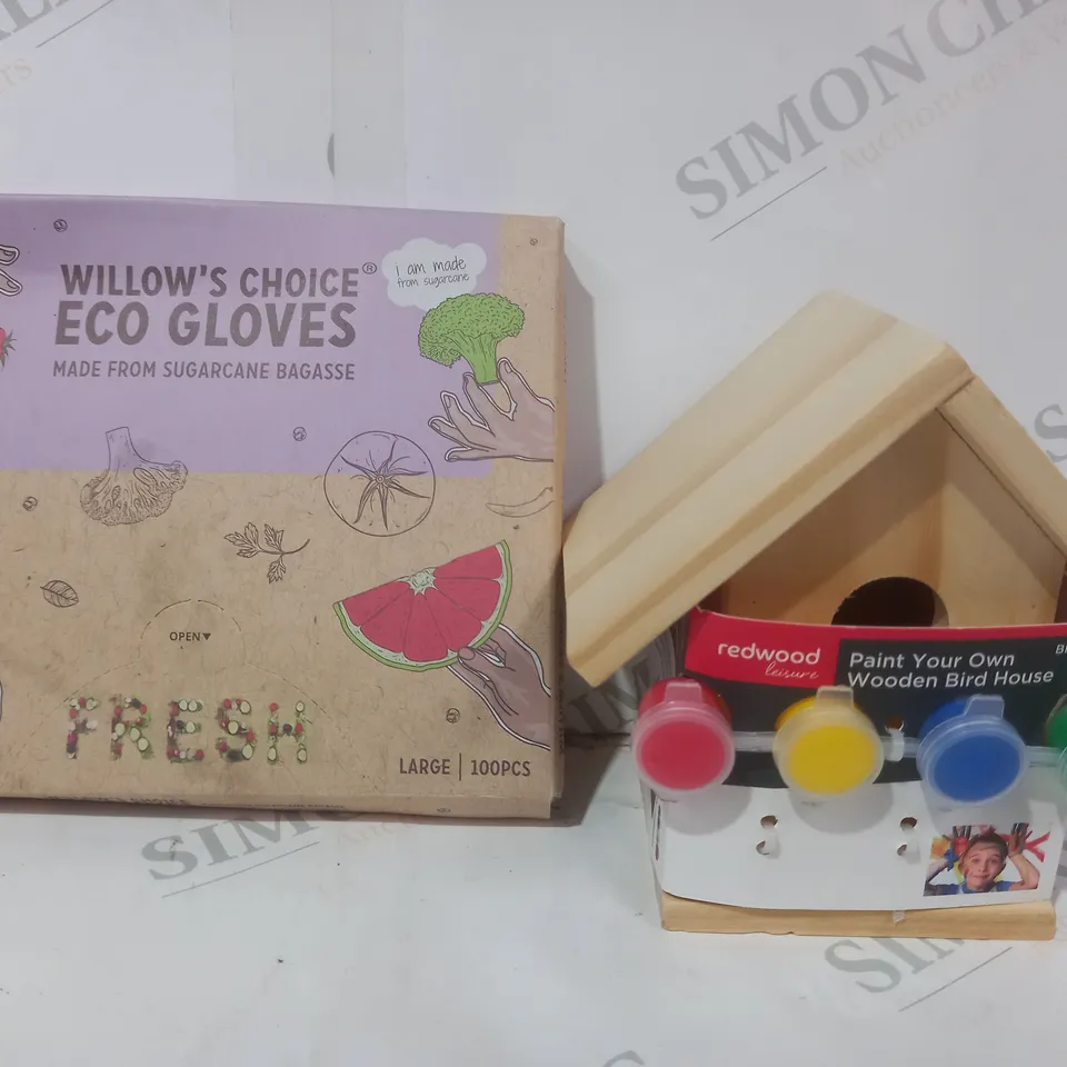 BOX OF APPROXIMATELY 10 ASSORTED HOUSEHOLD ITEMS TO INCLUDE PAINT YOUR OWN WOODEN BIRDHOUSE, ECO GLOVES, ETC