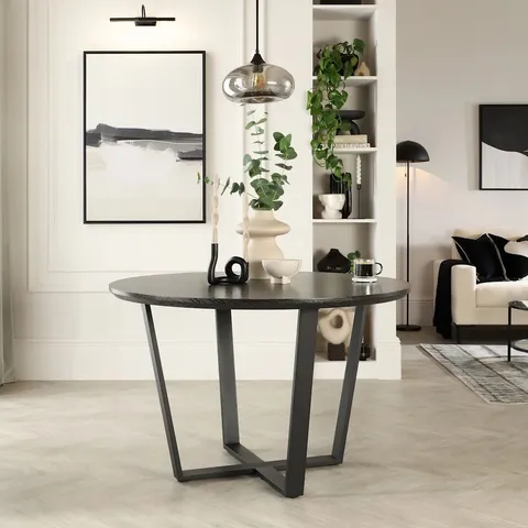 BOXED TRAVISO ROUND DINING TABLE, 120CM, BLACK OAK EFFECT & BLACK STEEL (2 BOXES)