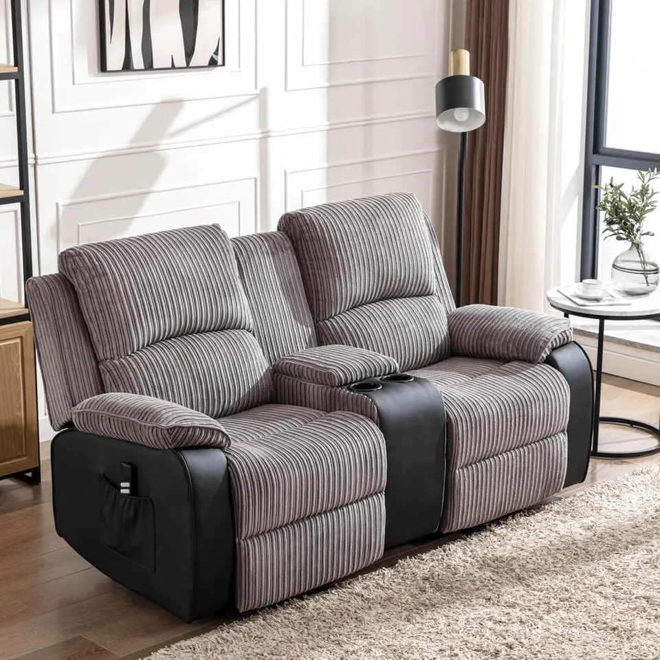 BOXED POSTANA DUAL MOTOR RISE RECLINER 2 SEATER JUMBO CORD DRINKS CONSOLE SOFA (3 BOXES)