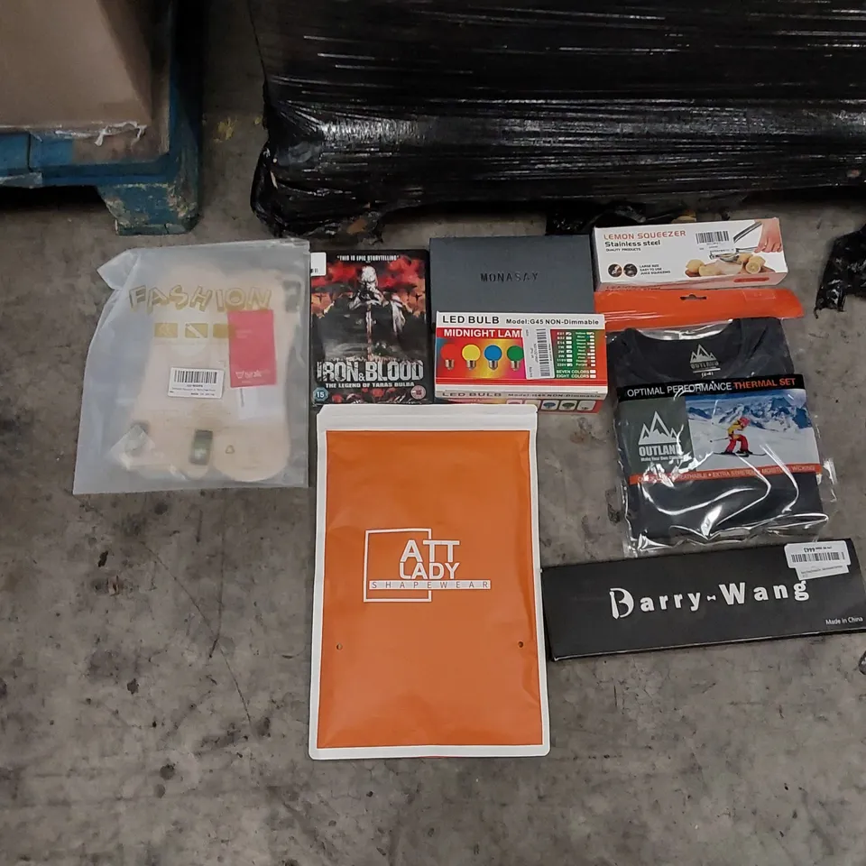 PALLET OF ASSORTED ITEMS INCLUDING: THERMAL CLOTHING, LED BULBS, WOMEN'S CLOTHING, DVD, IPHONE WALLET CASE, LEMON SQUEEZER